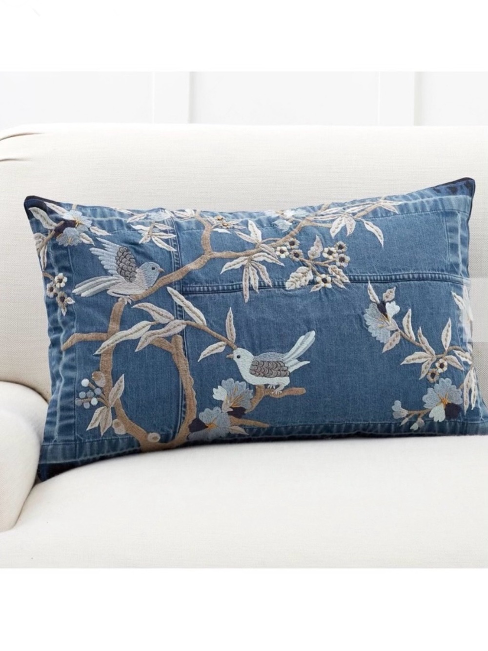 Pottery Barn Denim Floral/Bird/Branch Embroidered Lumbar Pillow with Insert